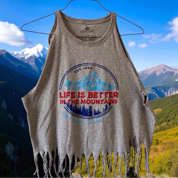 Handmade Tops - Life Is Better In The Mountains" Fringed Tank Top activewear outdoors boho